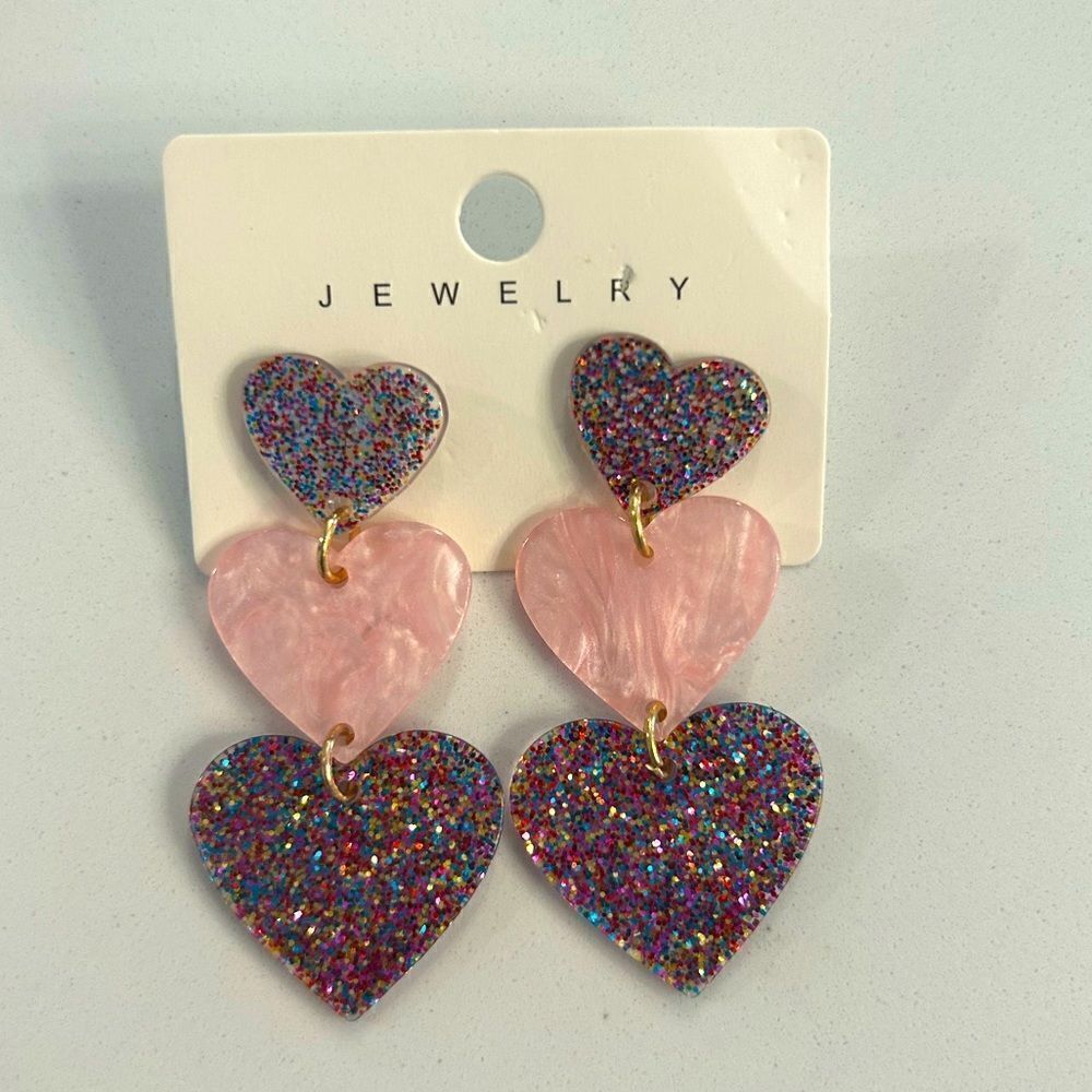 Pink sparkly heart drop earrings